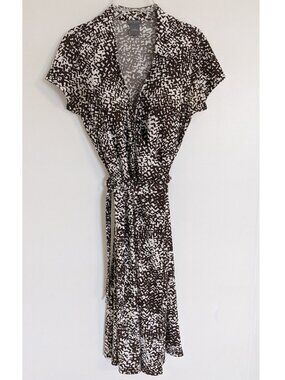 Ann Taylor Wrap Style Midi Dress Cap Sleeves, Tie Waist, Dark Brown & White Sz 2